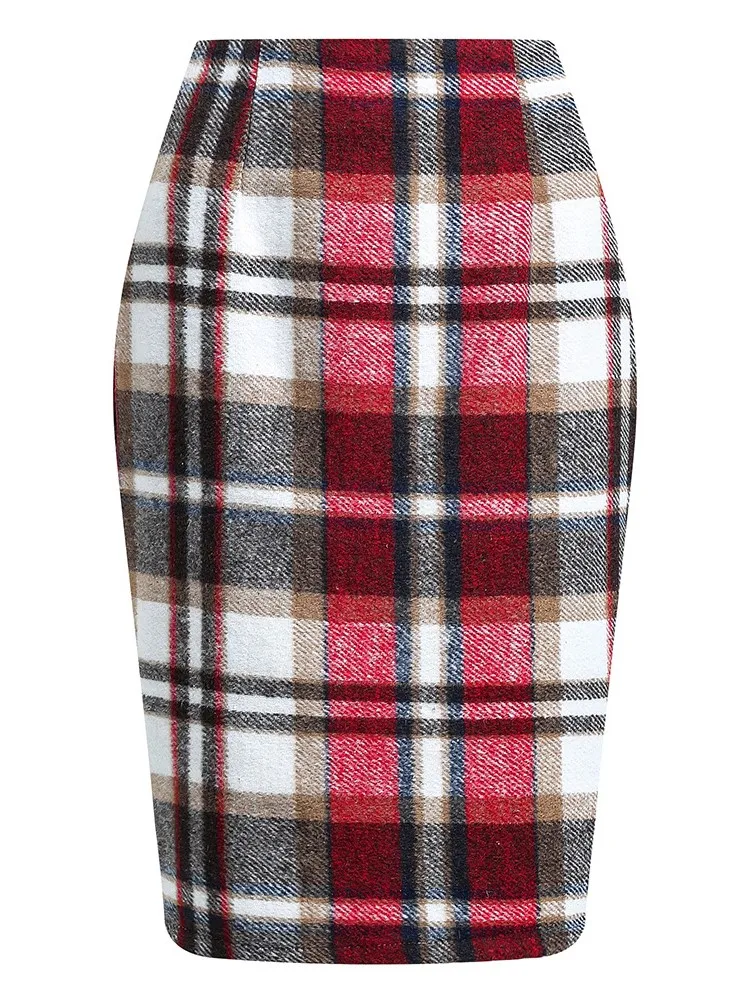 Elegant Plaid Printed Pencil Skirt For Women Fashionable Autumn Winter High Waist Slim Brushed Vintage Casual Skirt Female