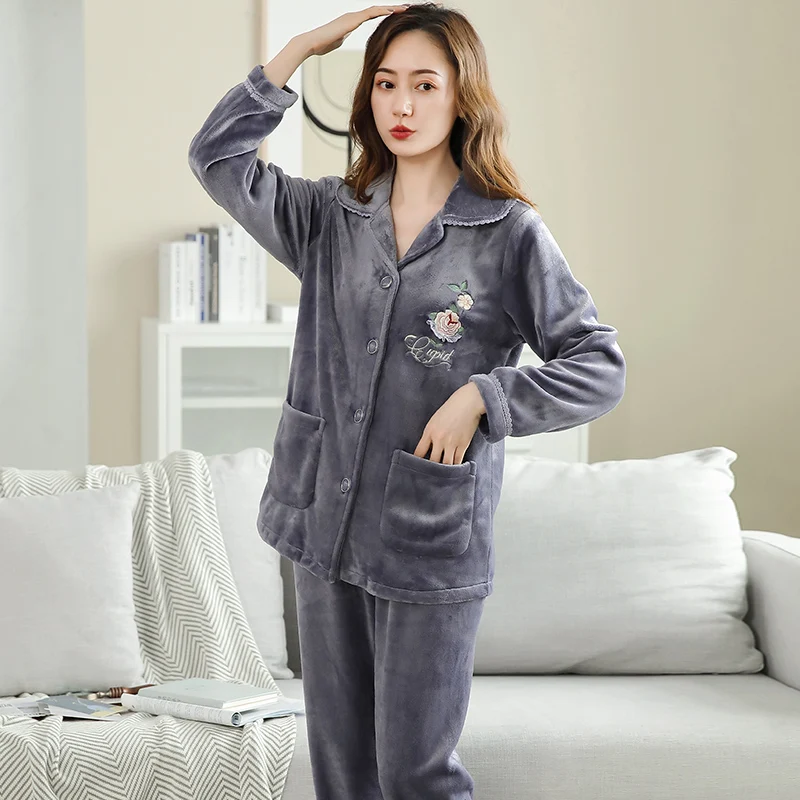

Embroidery Flowers Pyjamas Female Thick Flannel Autumn Winter Women's Pajamas Pijamas Mujer Sleepwear Lapel Lounge Home Clothes