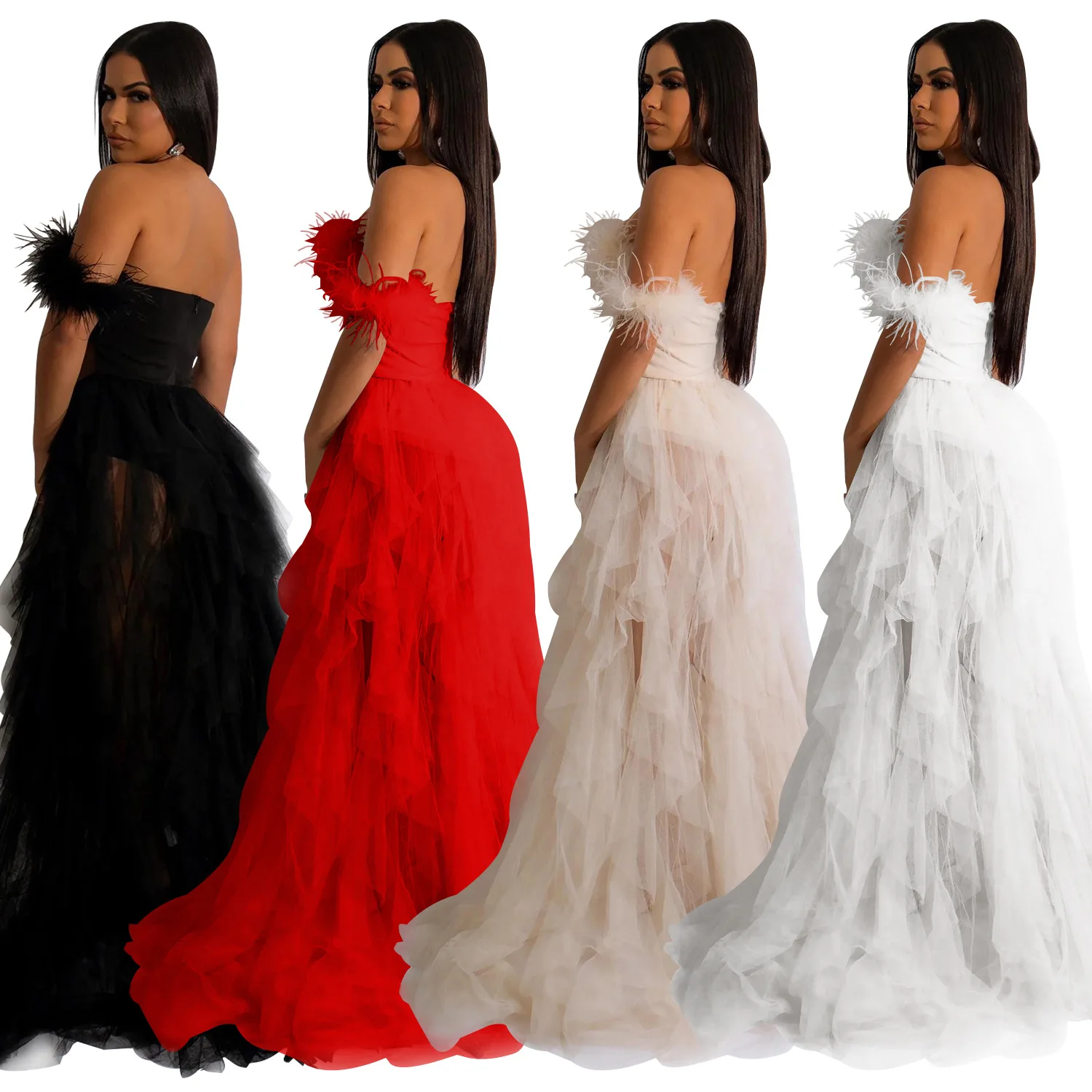 2023 Best Quality Famous Brand Dress Solid Feather Slash Neck Strapless Sexy Celebrity Party Maxi Dress Vestidos