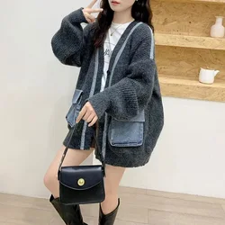 Womem Knitted Cardigan Coats Sweaters Full Sleeve V Neck Casual Loose Elegant Splice Denim Open Stitch Autumn Winter 2024