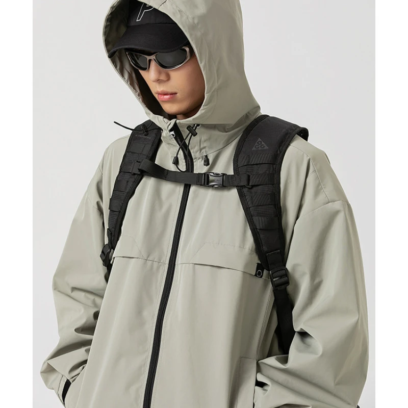 Outdoor Solid Color Hooded Charge Jacket Men Double Head Zip Drawstring Windproof Jackets Hiking Camping Climbing Fishing Coat