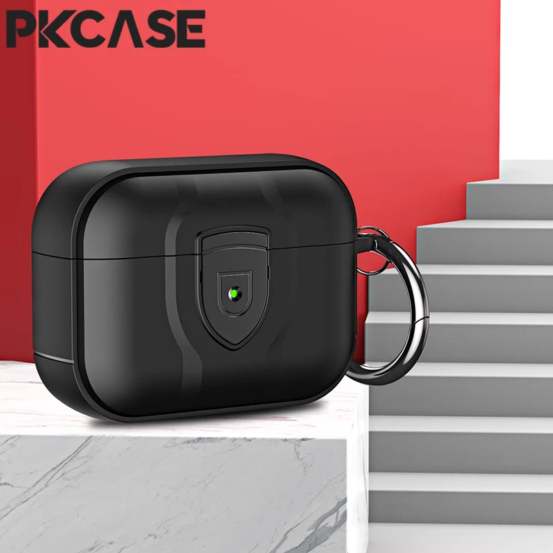 

PKCASE Switch Security Lock Earphone Case For Airpods 1 2 3 Shockproof Hook Keychain Earphone Cover For Airpods Pro