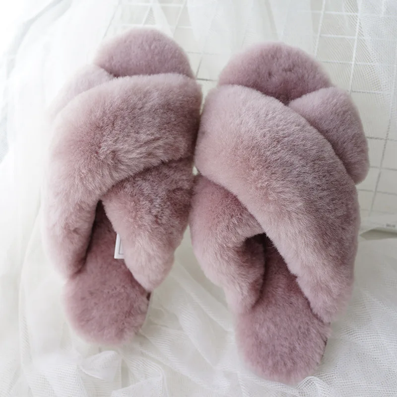 Natural Fur Slippers Women Winter Home 100%  Thick Wool Casual Shoes Flat TPR Non-slip Indoor Slipper Warm Wool Slippers 44 Size