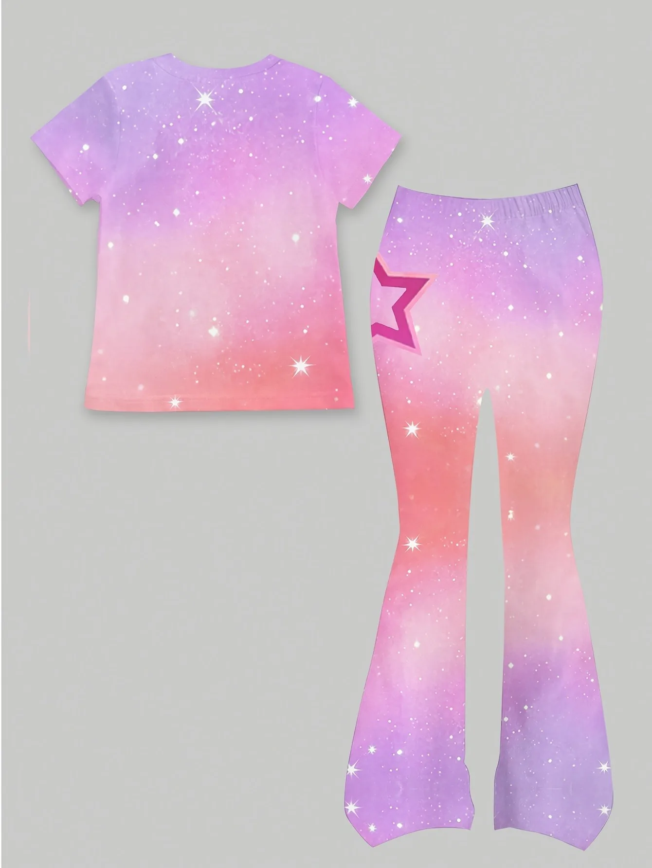 Soft Kids Girls Two Piece Fashion Set, Round Neck Gradient Star K-Pop Girl Printed Short Sleeve Top & Elastic Waist Sparkle Flar