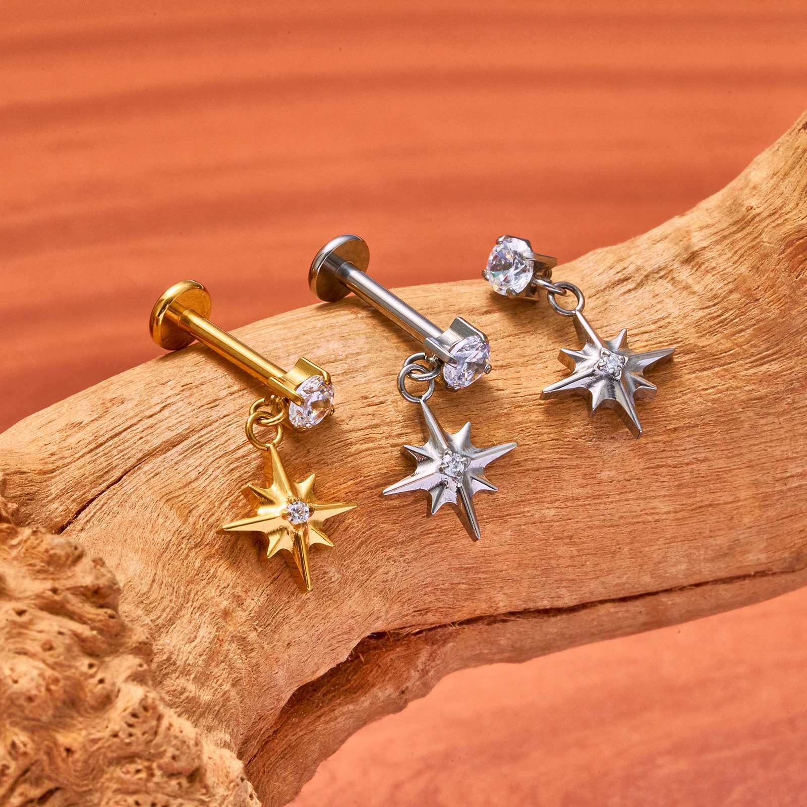 ASTM F136 G23 Titanium Dangle Labret Stud Internally Threaded CZ Star Chain Cartilage Helix Tragus Earrings Lip Piercing Jewelry