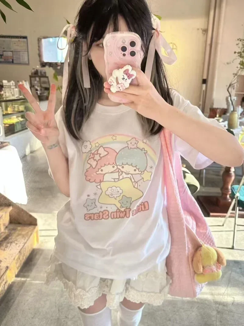 Japanese Preppy Style White Sanrio Little Winstar Loose Casual Y2k Top Kawaii Clothes Cute Tee O-Neck Summer Graphic T Shirts