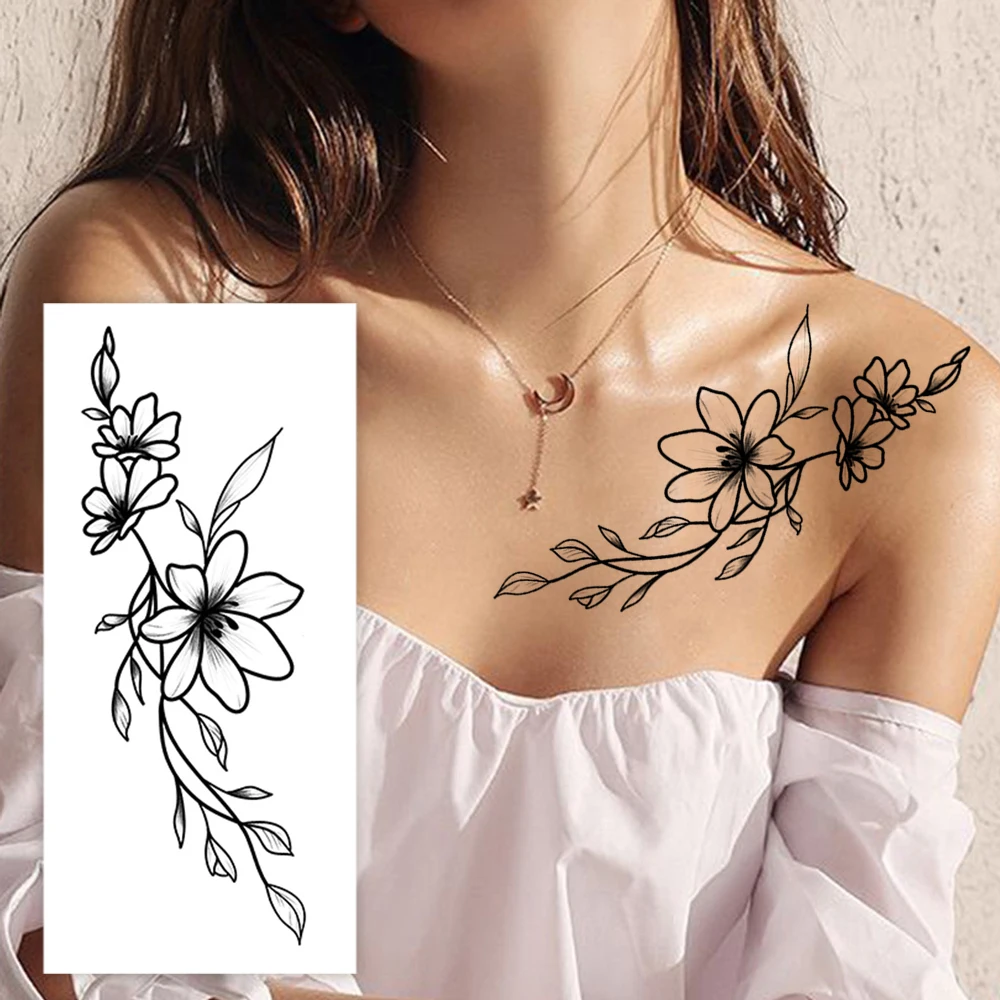 Waterproof Black Flower Temporary Tattoo Disposable Floral Fake Tattoo for Women Hand Arm Chest Body Decor