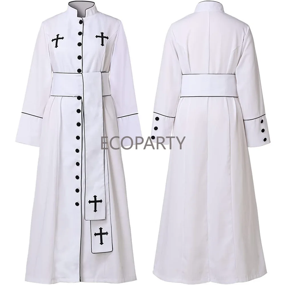 Men's Priest Costume Pastor Robe Roman Cassock With Stand Collar and Belt Black and White Plus Size 5XL