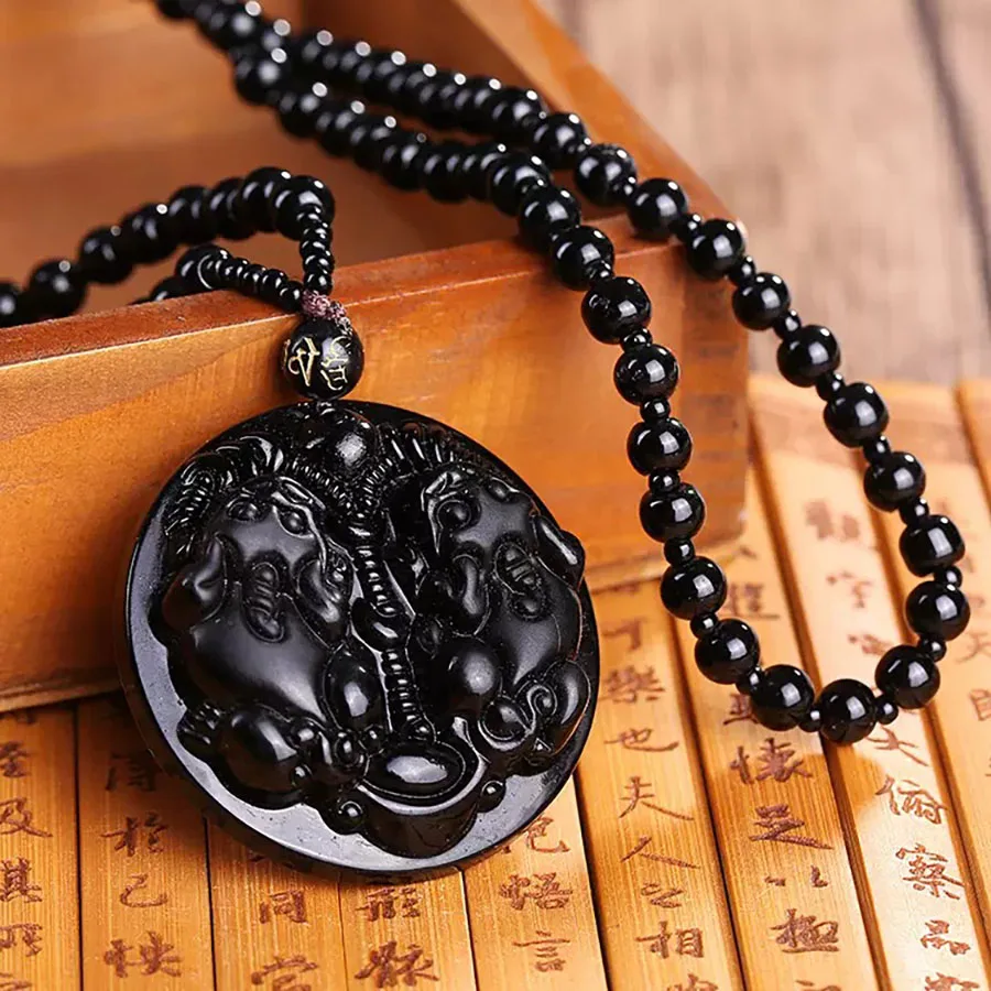 Retro Chinese Style Men Necklace Obsidian Beads Pixiu Dragon Brand Pendant 24Inches Long Collar Accessories Healing Homme Joias