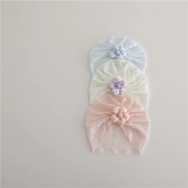 

Summer Baby Turban Hat Newborn Lace Indian Cap Sweet Flower Children Headwear Solid Color Bandana Headscarf Elastic Beanie 0-12M
