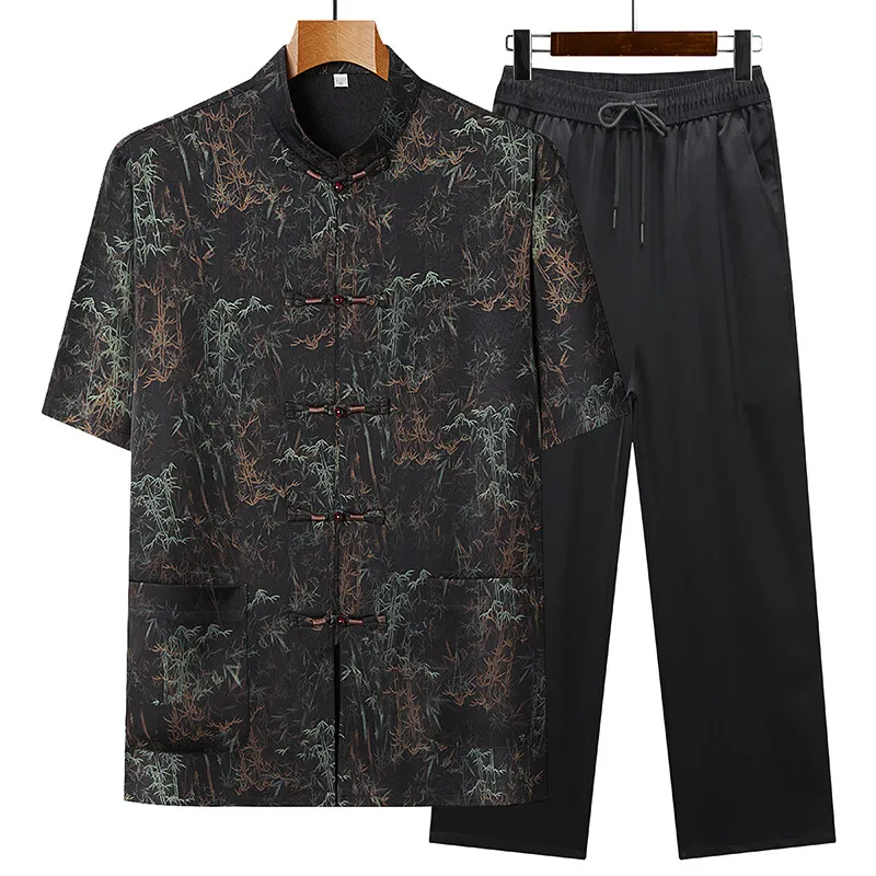 (Shirt + trousers) 2026 summer men printing shirt Man Two-piece set shirts men's casual Chinese style shirts full size M-4XL