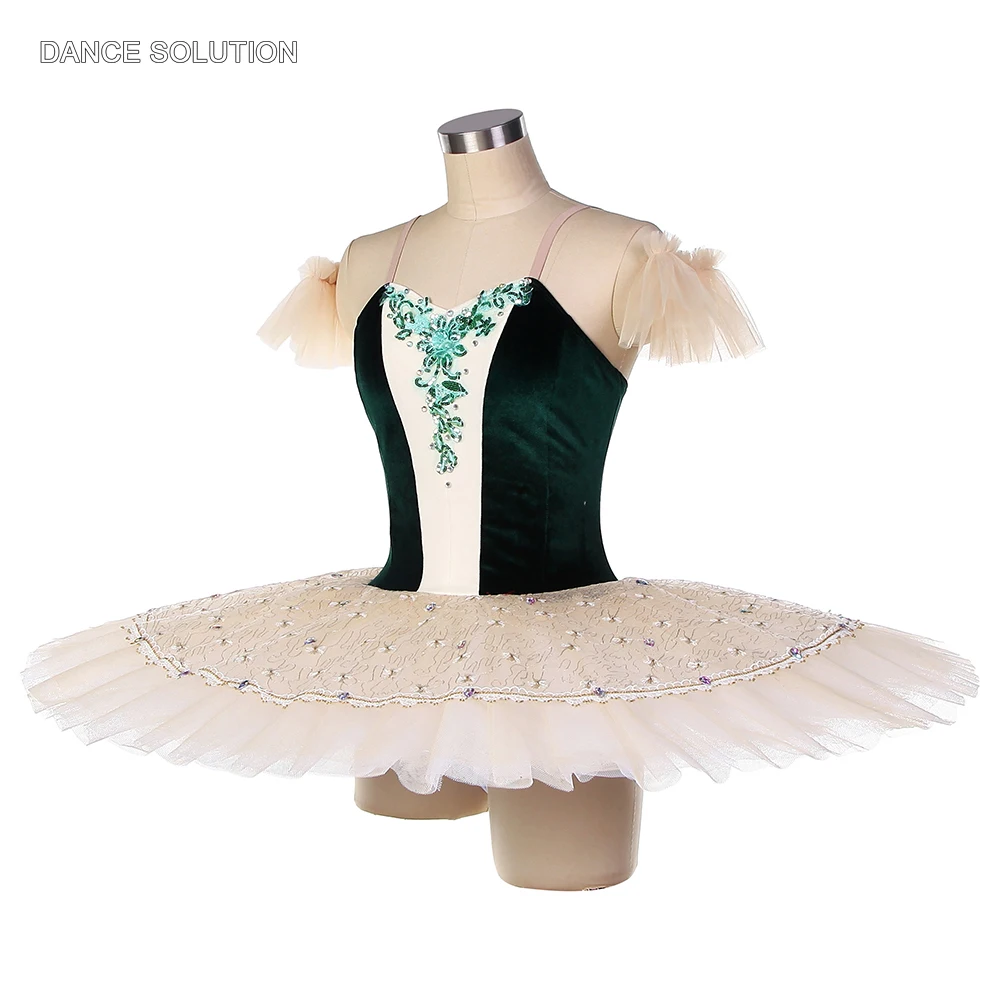 Professional Ballet Tutu Costume Dark Green Velvet Bodice with Ivory Pancake Tutu Skirt Ballet Outfit for Women & Girls BLL546