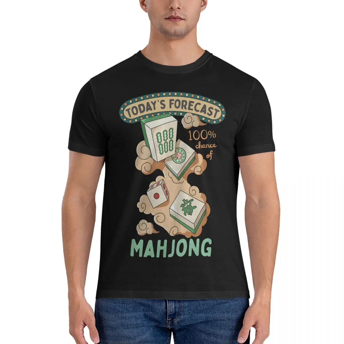 Mahjong Tiles And Clouds Cartoon Men's T Shirts Mahjong Funny Tees Short Sleeve O Neck T-Shirts Pure Cotton Gift Idea Clothing