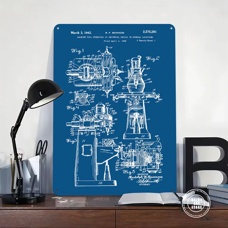Bridgeport Milling Machine Patent 1942 Metal Poster Custom Wall Art Retro Vintage Tinplate Signs for Man Cave Home Decorations