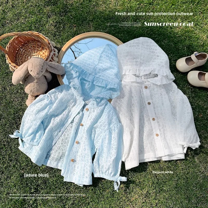 Girls Lace Sunscreen Coats Summer New Children Clothes Breathable Thin Hooded Outerwear Kids Air Conditioner Shirt 3-10 Years