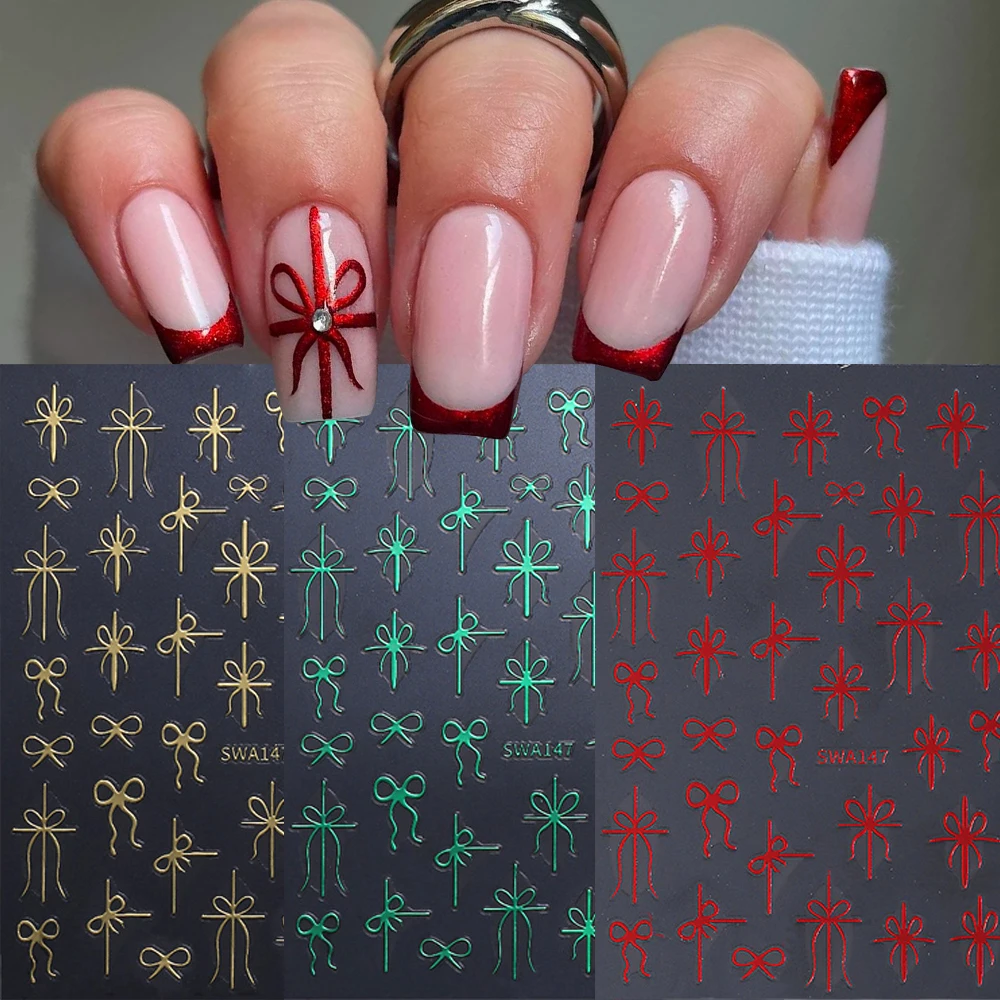 1장 그린 레드 선물 리본 보우 네일 스티커 골든 트위스트 리본 보우 셀프 접착 네일 데칼 심플 리본 매니큐어 데칼