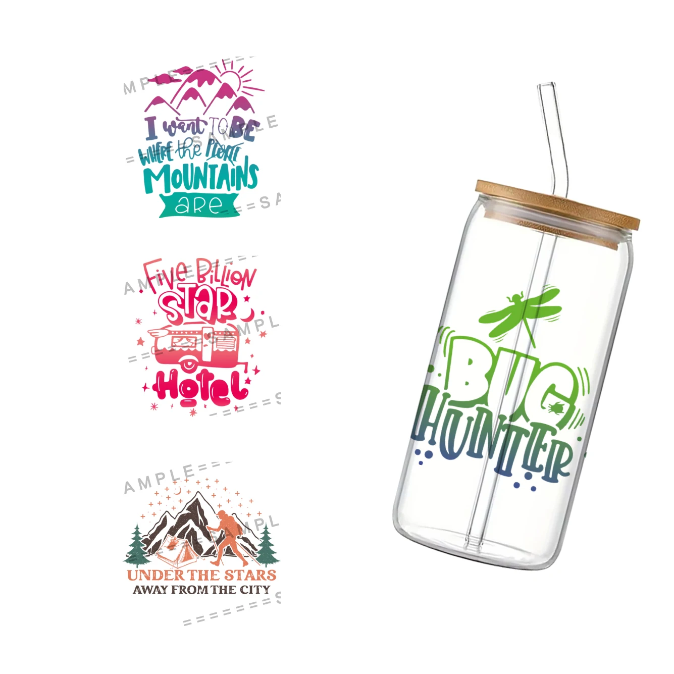 

summe Camping hike 3D UV DTF Wraps Transfer Sticker DIY For 16oz Libbey Glass Cup Waterproof Wrap Transfers Decals Coffee Cup