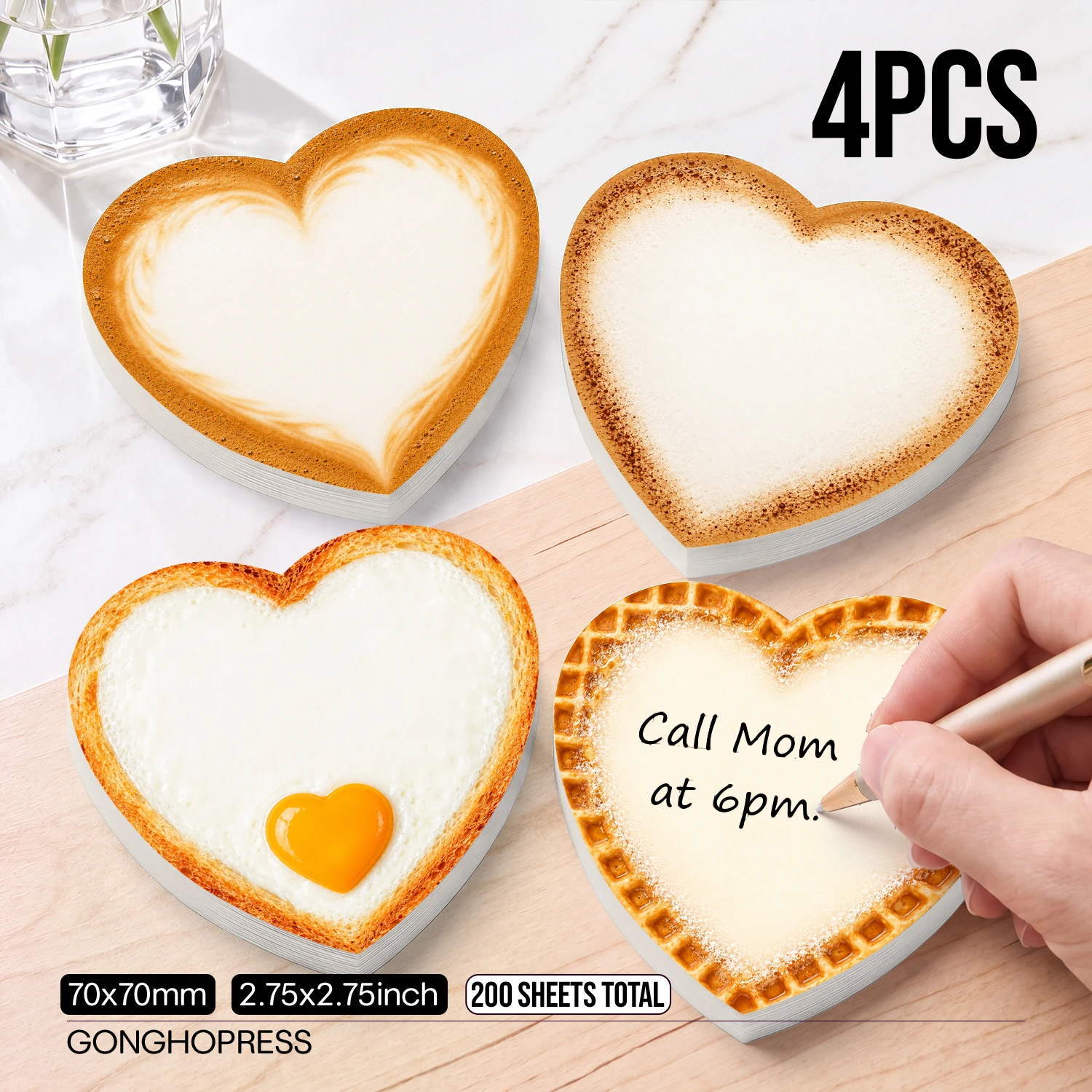 4PCS Heart Shaped Sticky Notes 200 Sheets Coffee Toast Egg Waffle Food Memo Pads Writing Reminder Office School Stationery