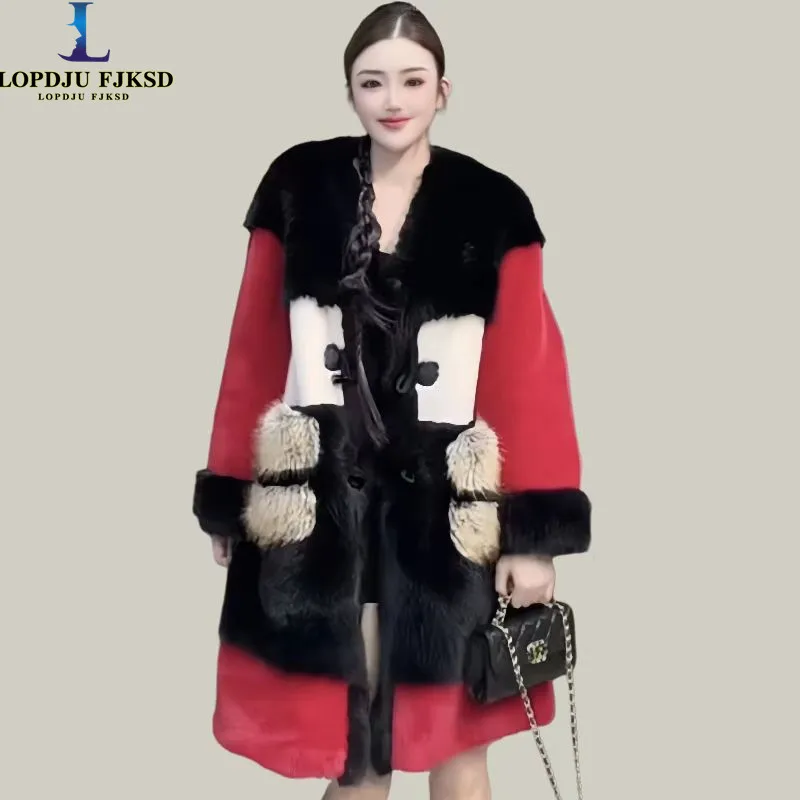 Faux Fur Coat for Women,Single Breasted Jacket,Spliced Clothes,England Style ,Autumn and Winter, 2024