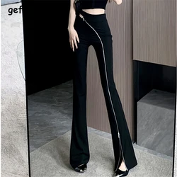 Donne coreane High Street Sexy Hollow Zipper Harajuku Y2K E Girl Flare Pants femminile Trendy nero Slim pantaloni eleganti Pantalones