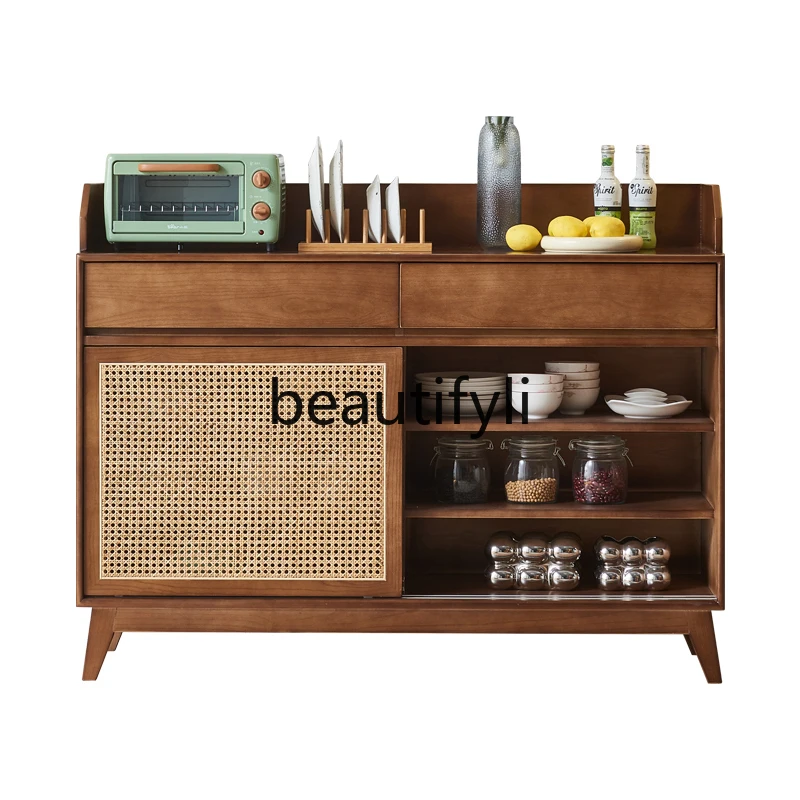 

Solid wood dining side cabinet household rattan storage locker small apartment Japanese multi-functional Nordic tea cabinet