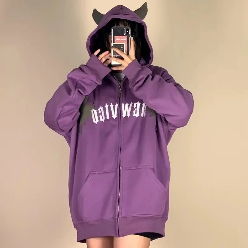 Cgc-女性用ジップアップパーカー、ルーズトレーナー、美的バットデザイン、特大パーカー、カジュアルウェア、y2kファッション、秋冬、2023
