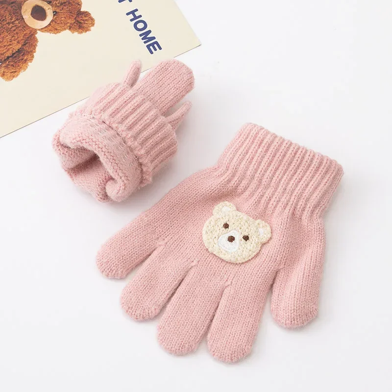 2-5 Years Kids Winter Knitted Bear Gloves Warm Full Finger Toddler Mittens Cute Cartoon Baby Boy Girl Gloves for Cold Weather