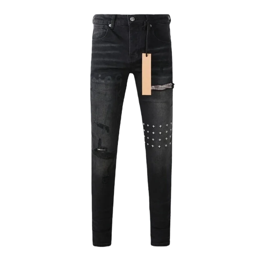 

Модные мужские рваные джинсы, мужские зауженные джинсы, с вышитыми буквами, классическим отложным воротником, на пуговицах, в уличном стиле