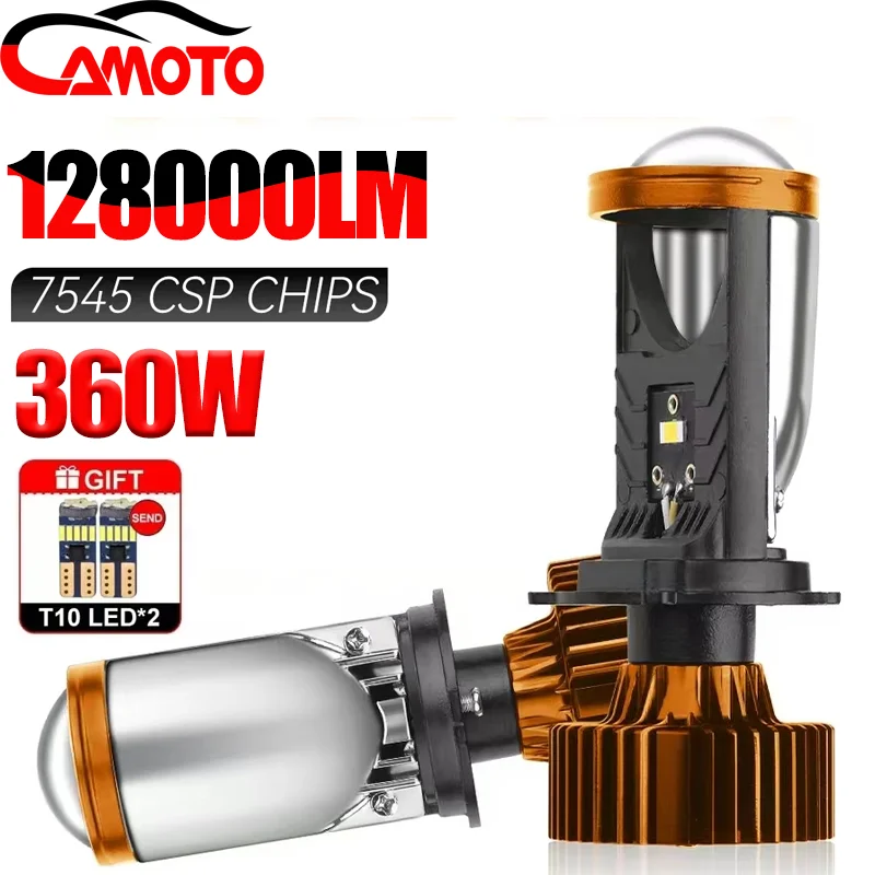 CAMOTO New LED Lens Projector H4 Mini Bulb 128000LM Fan Headlight For Motorcycle Dual High Low Beam 9-16V Motor Auto Projector