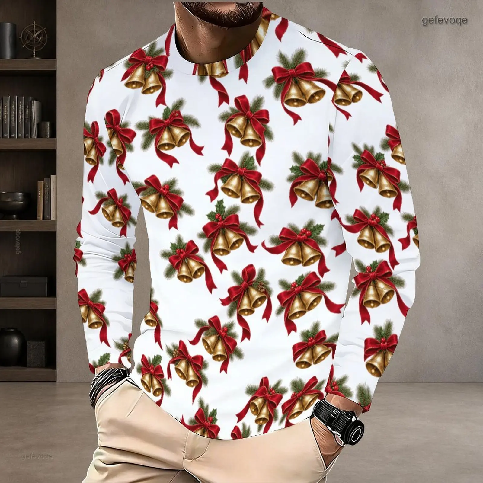 Printed T Shirt for Men Round Neck Long Sleeve Pullover Straight Hem