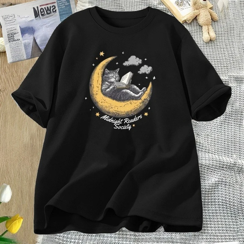 

Midnight Readers Society Cat T Shirt Comfort Book Lovers Tshirt Cute Literary Tee Bookish T-Shirt Casual Cotton Breathable Tops