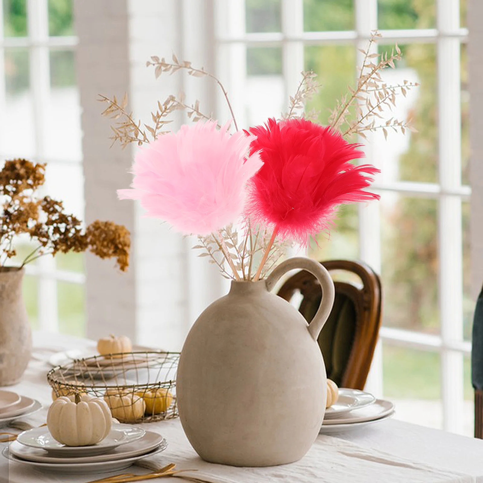 

3pcs Three-Tone Plume Flowers Faux Flower Stems For Farmhouse Bridal Shower Indoor Floral Arrangement Fake Plume Stems Vibrant