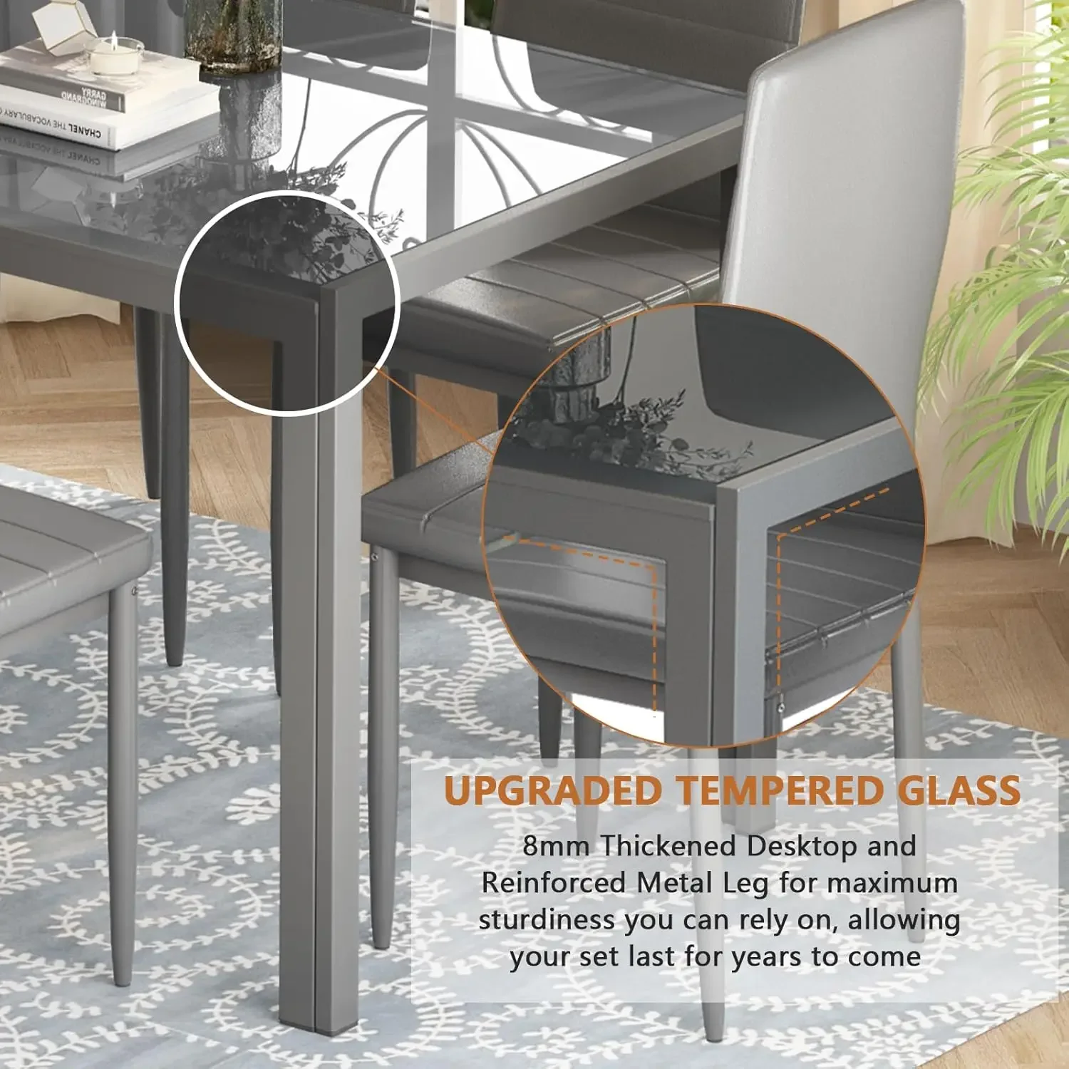 Piece Kitchen 6 Person, Tempered Glass Table and PU Leather Chairs Modern Dining Room Sets for Small Space, Grey