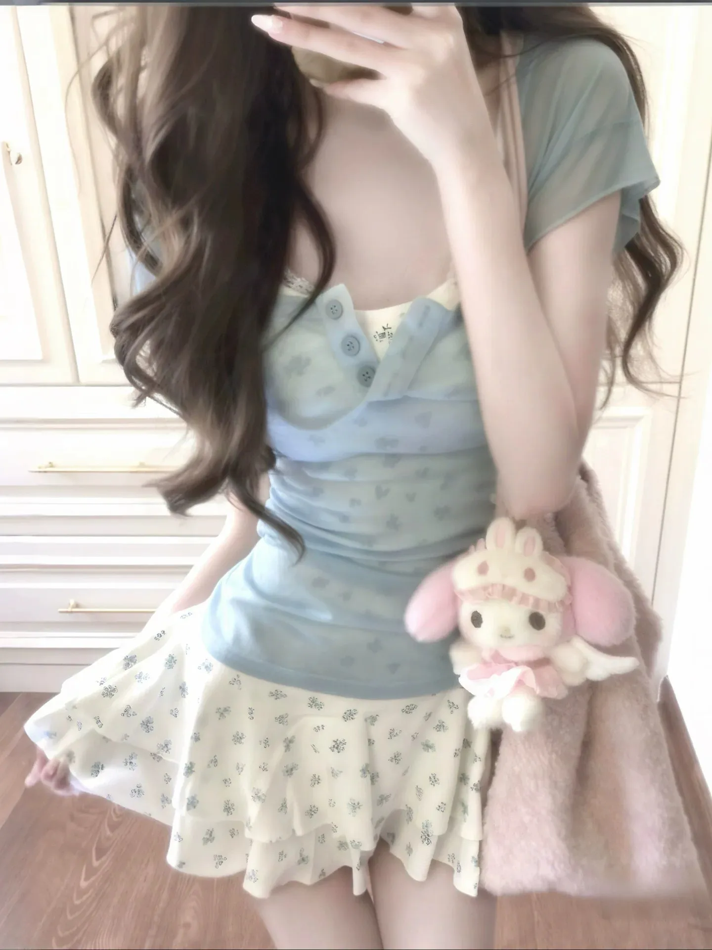 

White Floral Print Halter Dress Women's Fashion Summer Skirt High Waist Breathable Short Sleeve V-Neck Casual Wear