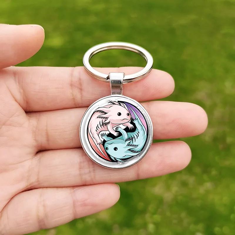 Hot Pet Axolotl Keychain Toy Glass Dome Cartoon Animal Pride Fashion Alloy Keyring for Men Women Axolotl Lovers Birthday Gift