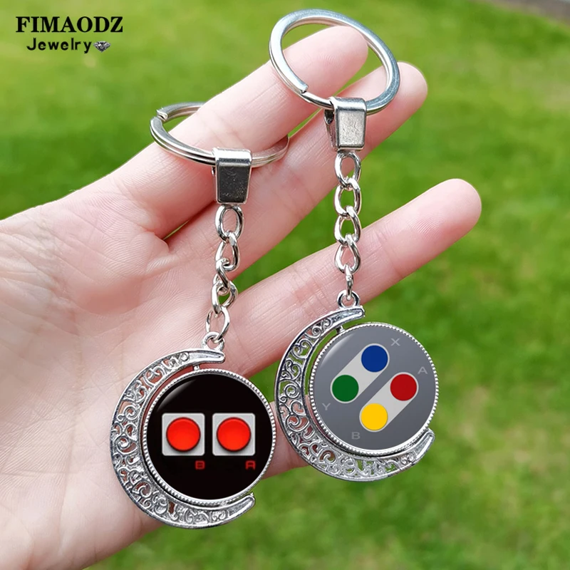 Game Controller Double Sided Pendant Keychain Hip Hop Video Controller Art Pgoto Glass Dome Key Chains for Men Women