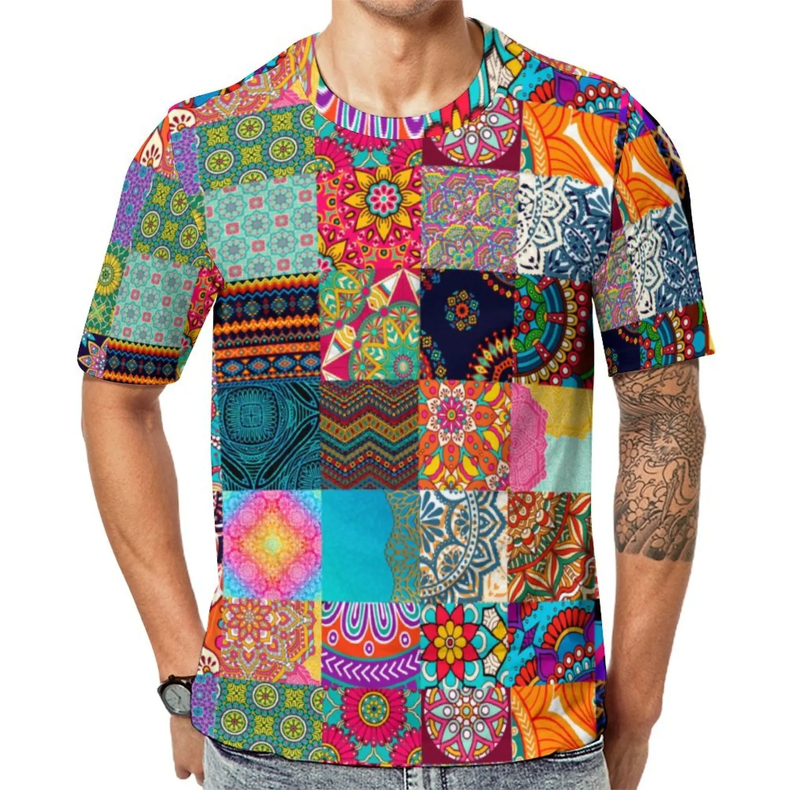 Summer T Shirt African Print Patchwork T-Shirts Vintage Bohemia Classic Cool Tee Shirt Man Short Sleeve Pattern Oversize Clothes