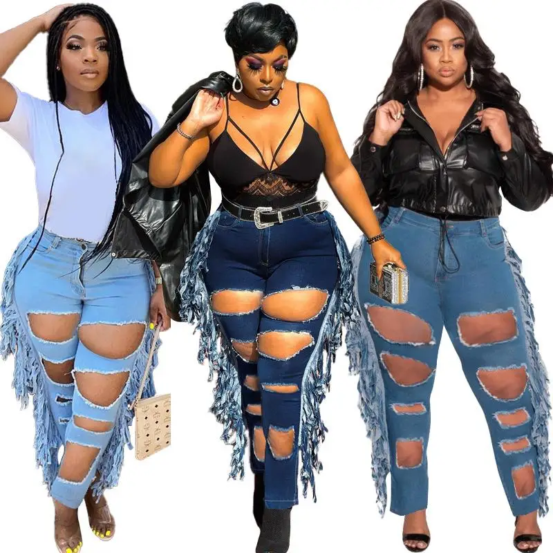 Jeans de mujer de talla grande con agujeros y borlas, sexy, de cintura media, 100% tela, pantalones tipo paraguas de color liso.