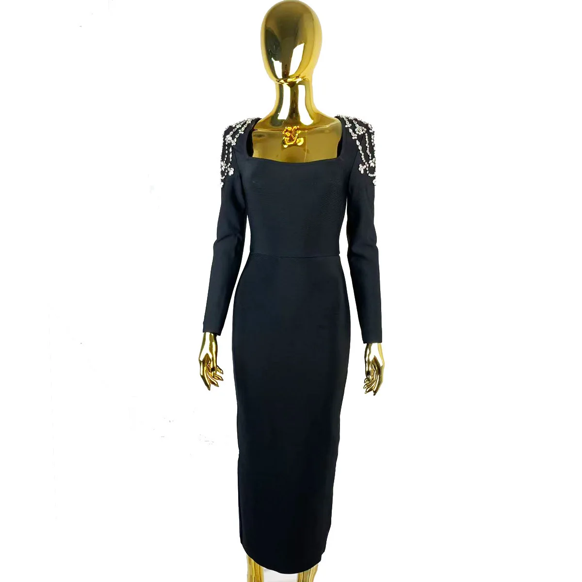 Sukienka maxi damska LEOSOXS z długim rękawem, kwadratowym dekoltem i ozdobami na ramionach, idealna na eleganckie przyjęcia i wieczorne wyjścia.