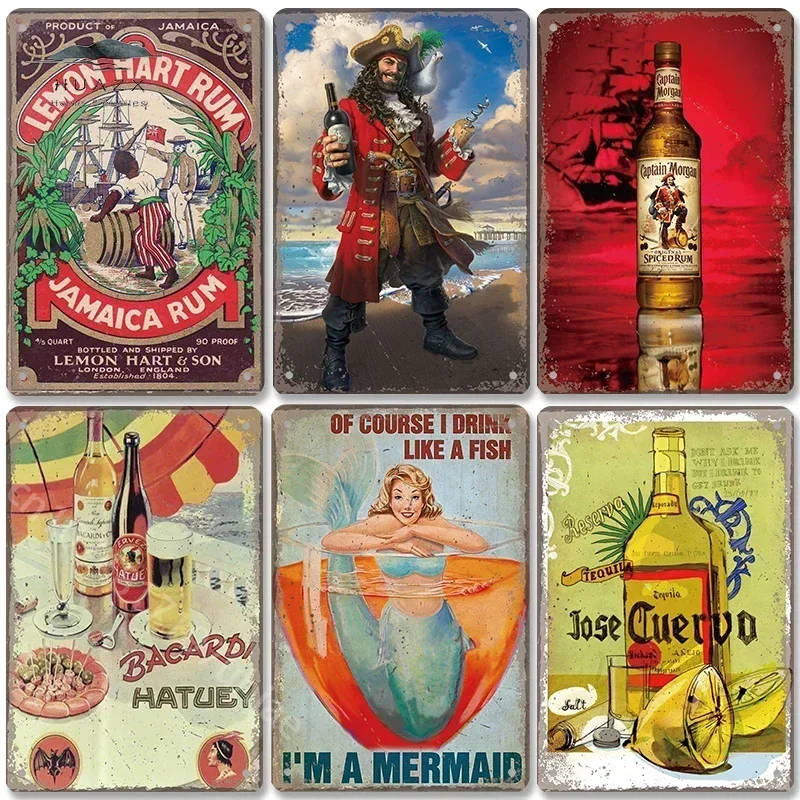 Rum Brand Plaque Vintage Metal Tin Signs Captain Mermaid Iron  Retro Wall Art Decor for Bar Pub Club Living Room Home 8x12 inch