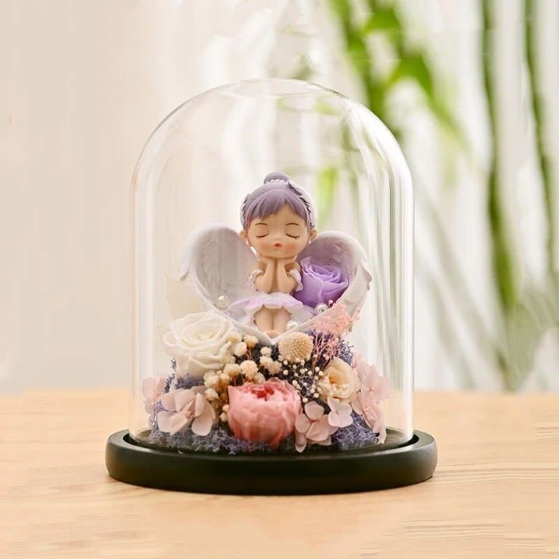 Immortal Flower Glass Cover Lovely Girl Series Ornaments Rose Preserved Flower DIY Chinese Valentine Day Gift