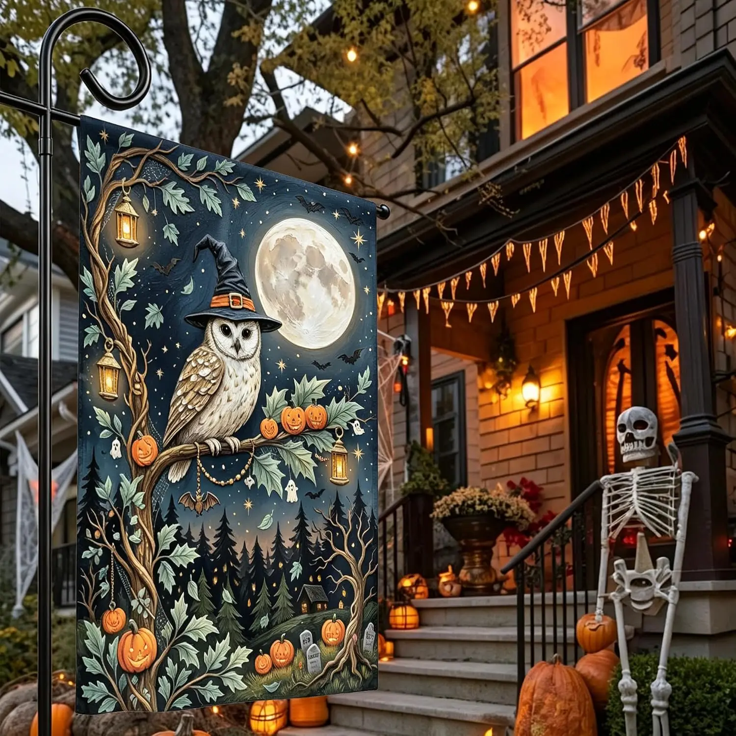 Halloween Full Moon Owl Wizard Hat Pumpkins 12x18 Double Sided Garden Flag | Spooky Nights Owls Pumpkin Double-Sided Oxford  xxl