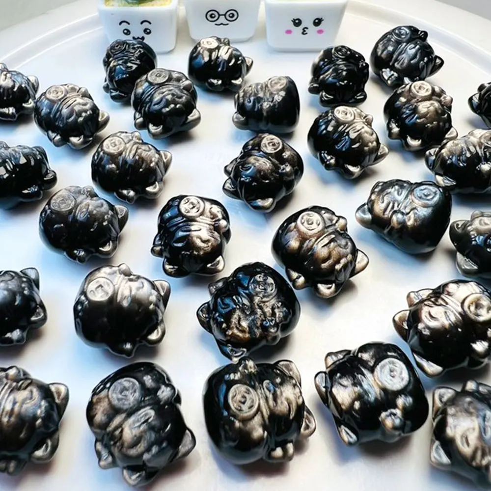 Natural Obsidian Crystal Stone Lucky Cat Mini Carvings Figurines Crystals Healing Gemstone Statue Home Decor Decoration Gift