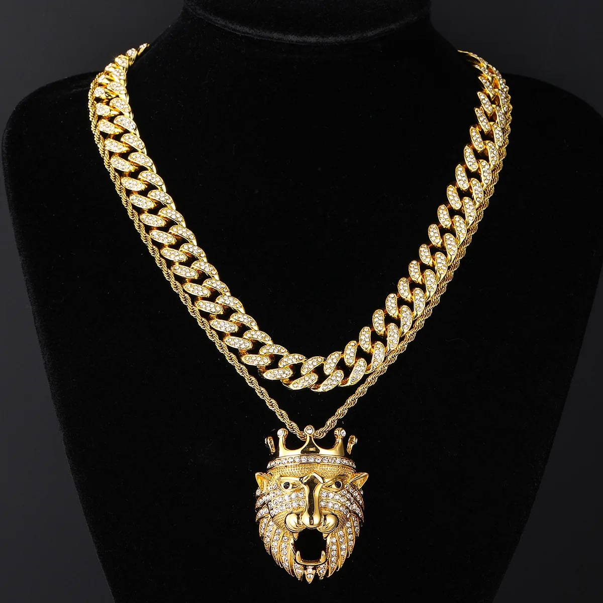 

13 mm AAA rhinestone zinc alloy pvd plated 3 pcs set Big lion pendants tennis necklace hip hop iced out cuban link chain