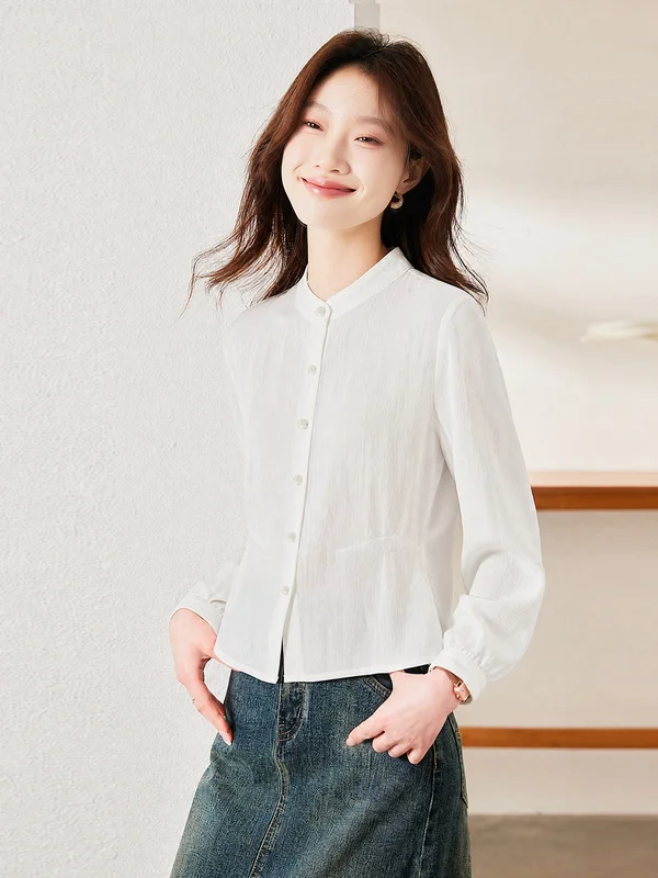 Blue Stand Collar Long Sleeve Shirt Women's Autumn New Style Commute Short Waist Cinched Shirt Ladylike Polyester Fiber