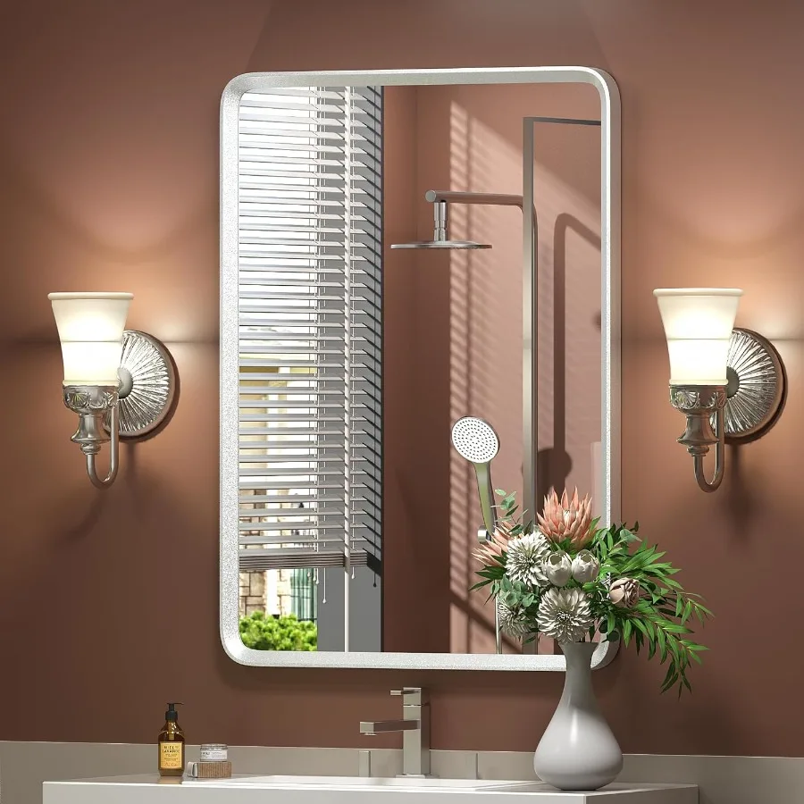 

20x30 Inch Silver Framed Mirror for Bathroom Vanity Wall Mounted Brushed Nickel Finish Rounded Rectangle Shatterproof AntiRust
