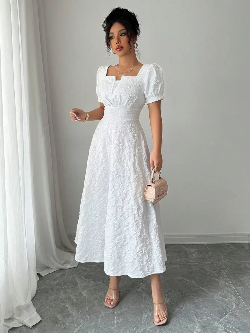 Damen Weißes Geprägtes Blumen-Midikleid mit Hoher Taille, A-Linie, Langes Kleid für Hochzeitsgäste, Brautjungfern, Sommer, Strand, Urlaub, Sommerkleid – Detail 5