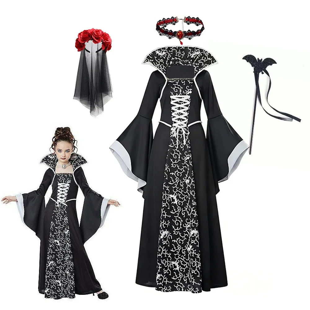 Mädchen Vampirbraut Cosplay Langes Kleid Kinder Gothic Rollenspiel-Outfit mit Blumenkopfschmuck Halloween Kostüm für Karneval – Detail 9