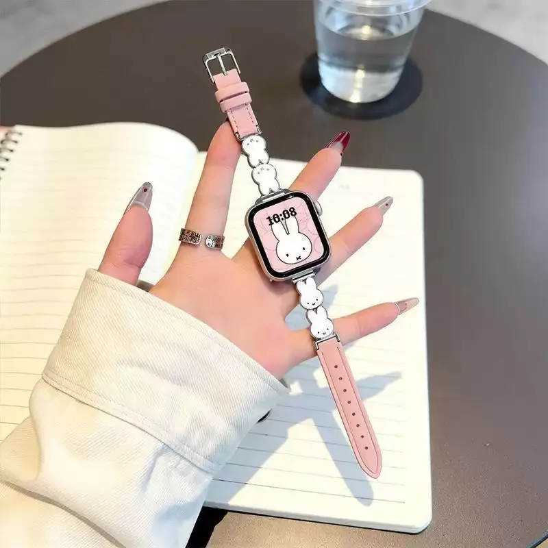 Miffy Rabbit Leather Watch Band For Apple Watch Series 11 10 9 8 7 6 Se Cute Luxury Strap For Iwatch Fashion Wristband For Women