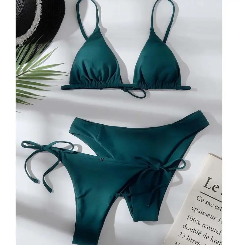 

2025 European/American style sexy hot girl beach vacation hot spring bikini three piece set solid color strap hot girl swimsuit